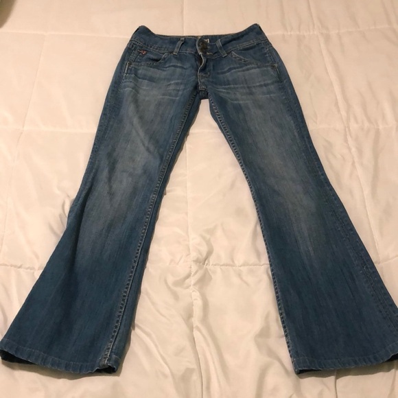 Hudson dark wash blue jeans midrise bootcut with pockets and whiskering effects - Picture 1 of 6